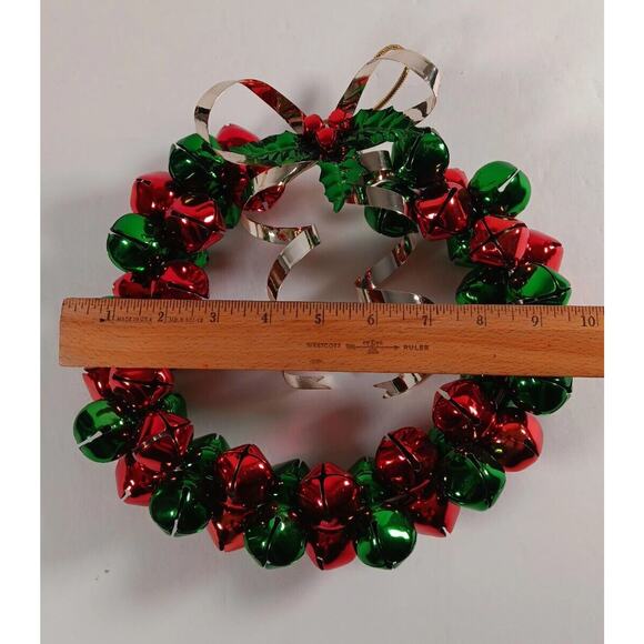 Vintage Metal Red Green Jingle Bell Wreath Christmas Wall Door Hanging 10" - Picture 6 of 12